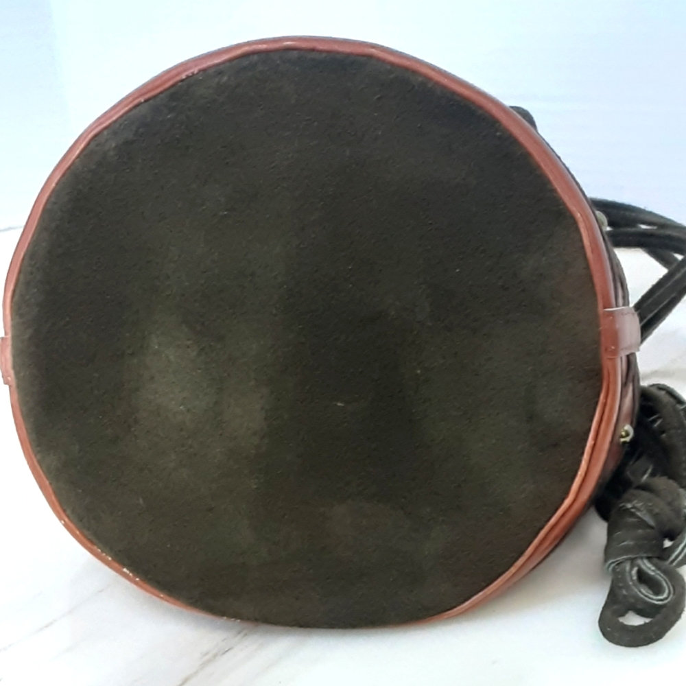 VTG YVES STAINT LAURANT ANJA Green Suede Caramel Leather Mini Bucket Bag - Picture 11 of 13